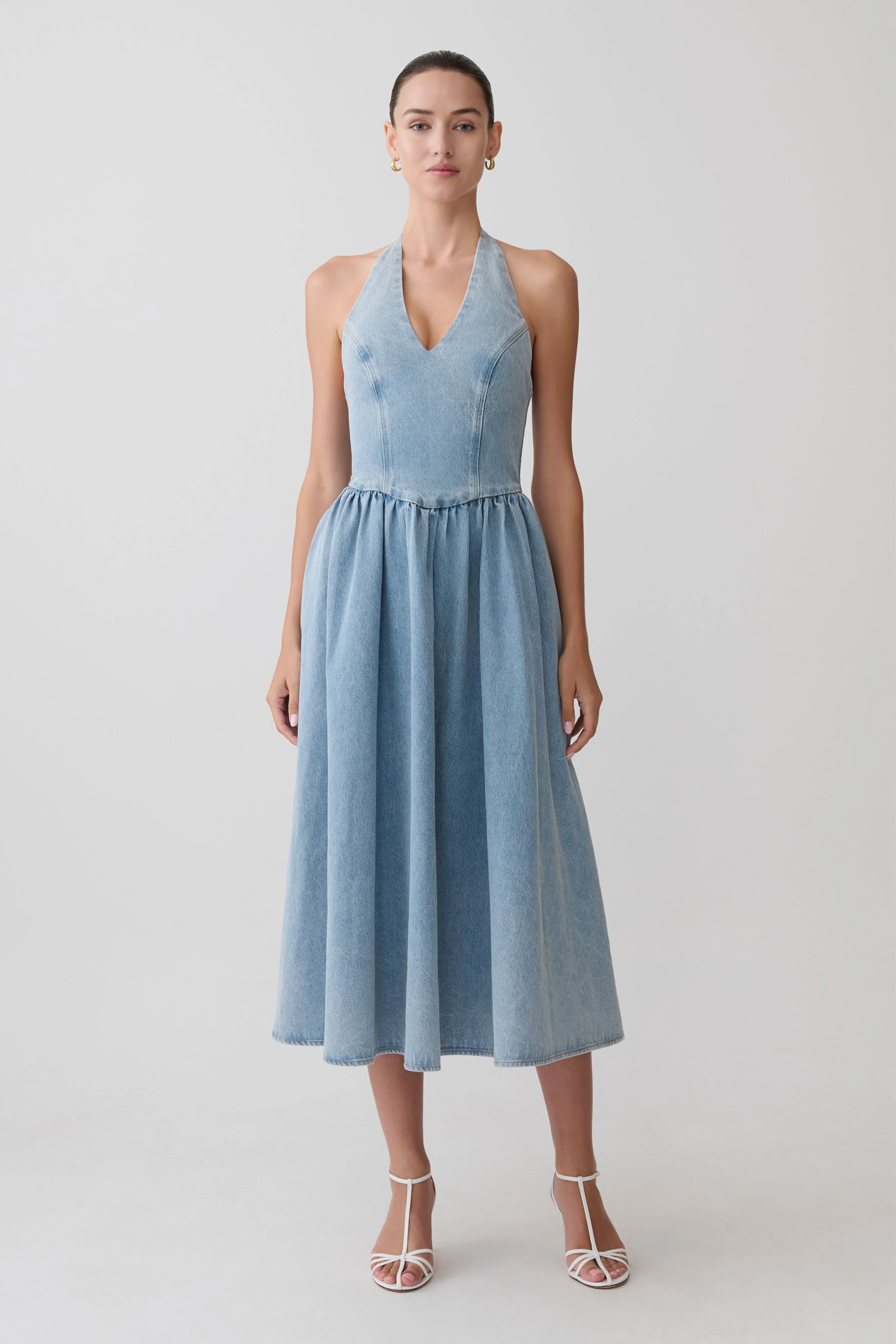 Denim Halter Midi Dress - Classic Blue | MESHKI US