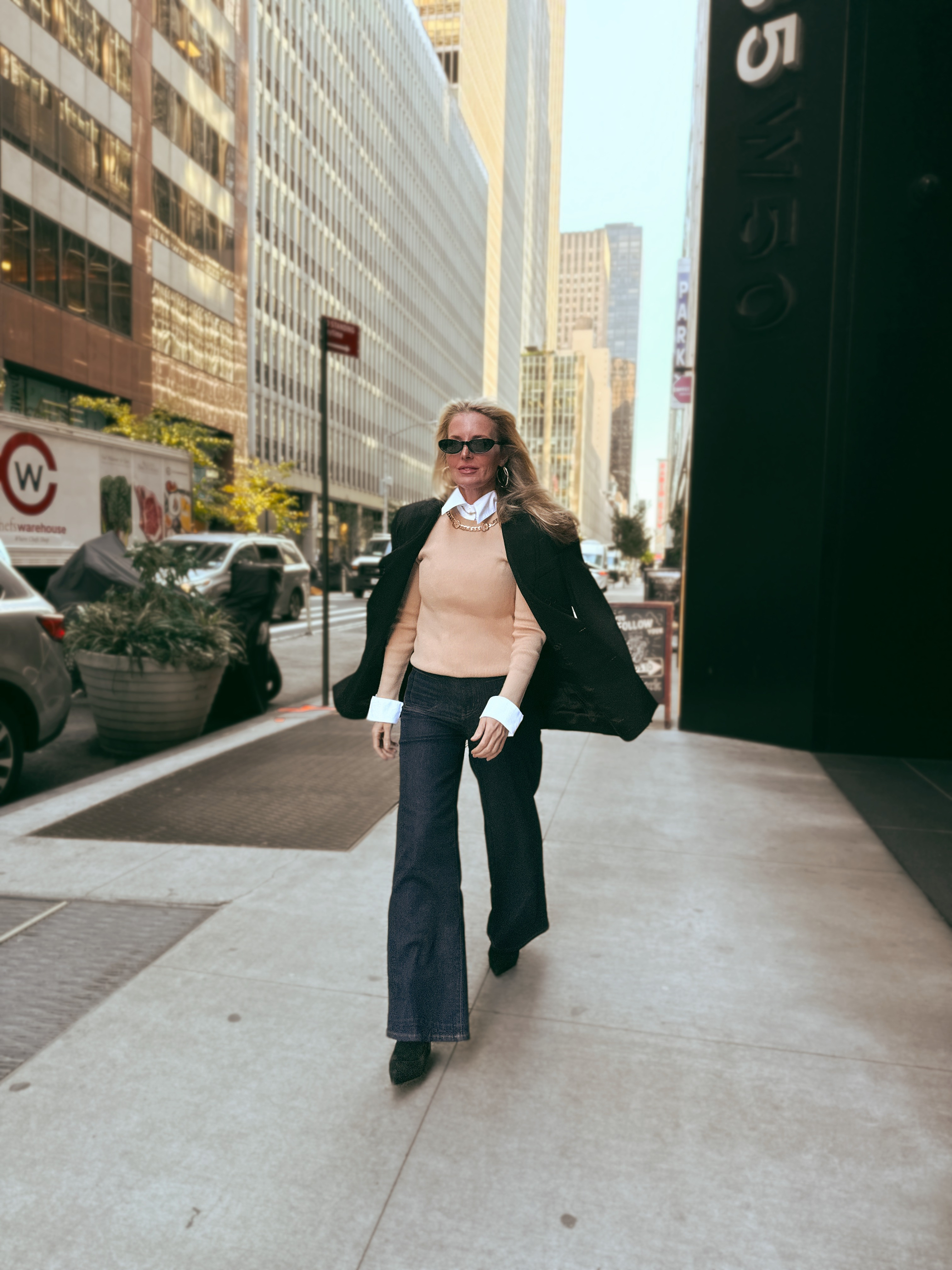 This is New York dressing at its best!

Generation Love beige sweater layered over a white collared shirt, black blazer thrown on top, FRAME Le Slim wide leg dark wash jeans, Veronica Beard booties; and a gold chain necklace to pull it all together. The white cuffs peeking out from the blazer sleeves are the unexpected detail that makes this look feel truly editorial.

#LTKgrwm #LTKOver40 #LTKSaleAlert