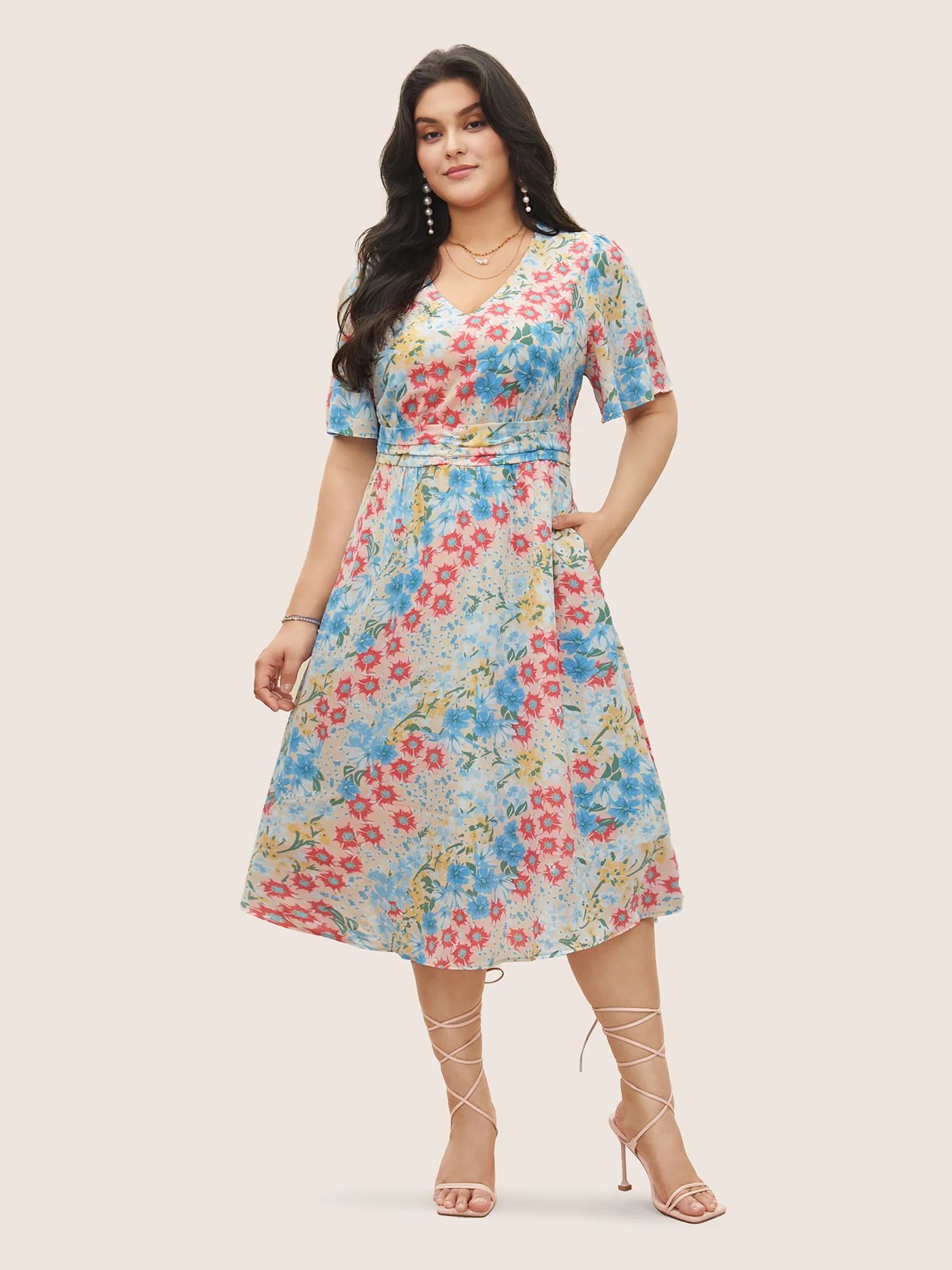 Floral Contrast Ruched Elastic Waist Dress | Bloomchic
