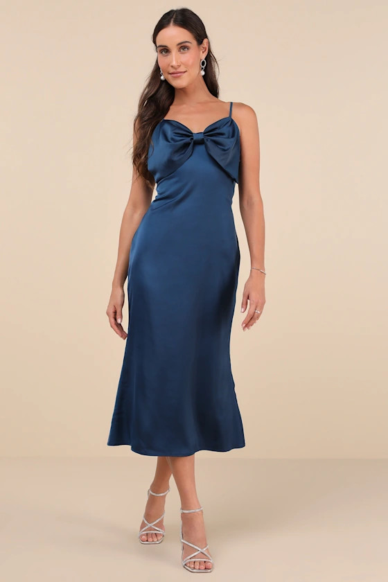 Extravagantly Sleek Navy Blue Satin Sleeveless Bow Midi Dress | Lulus