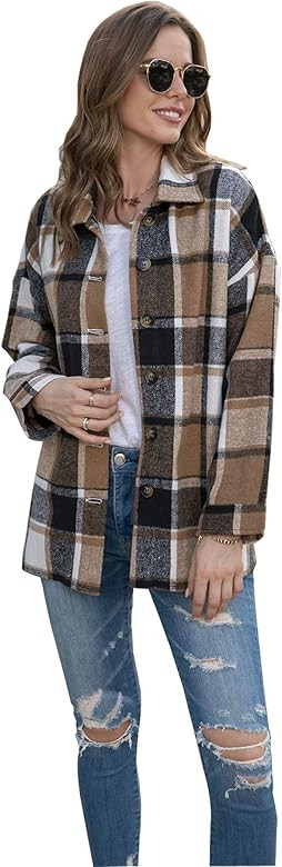 Womens Casual Wool Blend Plaid Long Sleeve Lapel Button Down Plaid Shirts Shacket | Amazon (US)