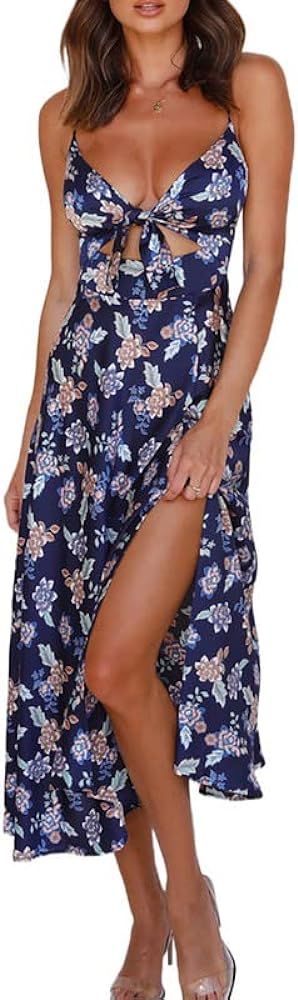 Dokotoo Womens 2024 Summer Floral Print Spaghetti Strap Sundress V Neck Tie Front Maxi Dress | Amazon (US)