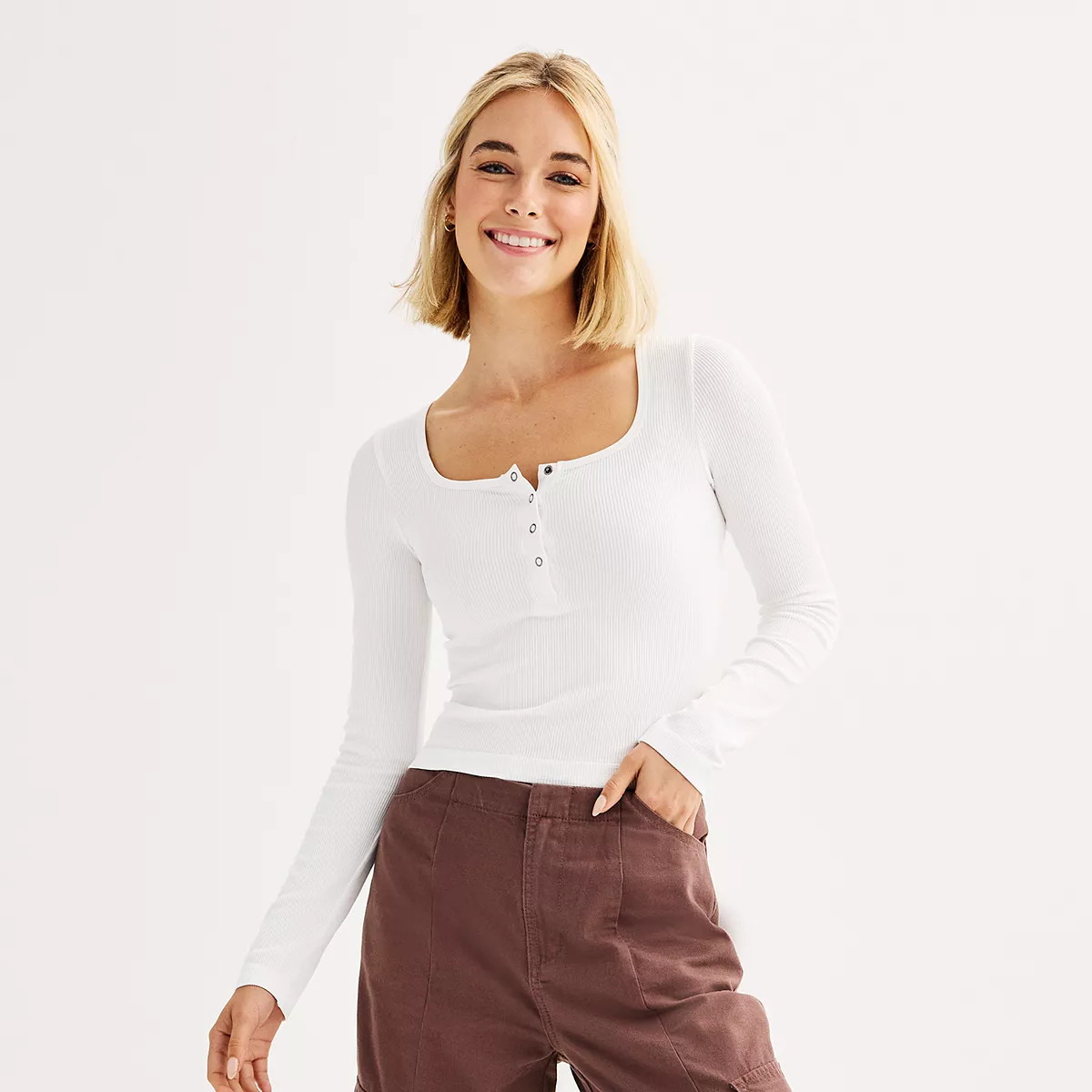 Juniors' SO® Seamless Long Sleeve Square Neck Henley Top | Kohl's