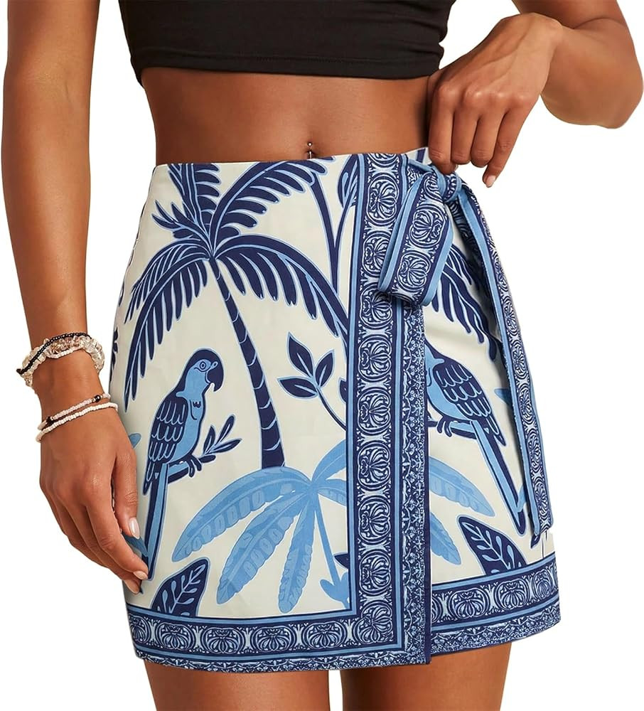Womens Wrap Skirt Summer Mini Skirts Mermaid Floral Printed Tie Side High Waist A Line Beach Shor... | Amazon (US)