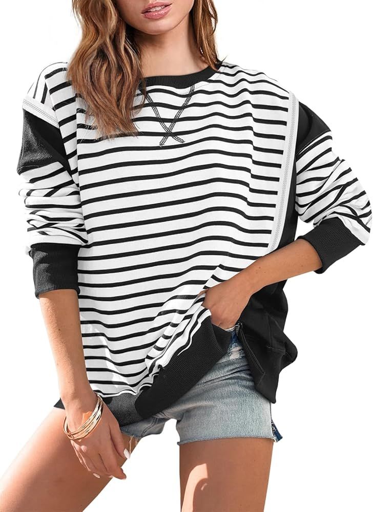 Yousify Oversized Sweatshirts for Women Loose Fit Crewneck Striped Color Block Long Sleeve Tops S... | Amazon (US)