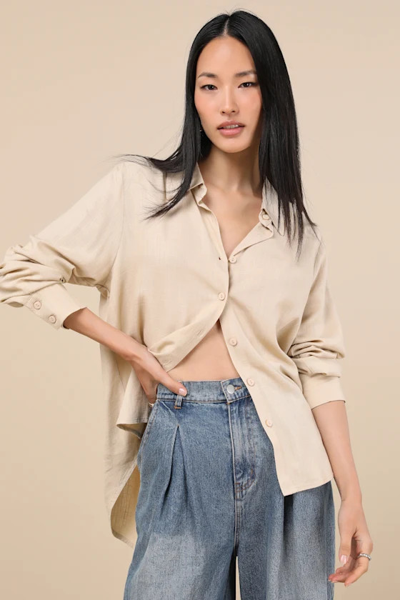 Notable Aesthetic Beige Linen Collared Button-Up Top | Lulus