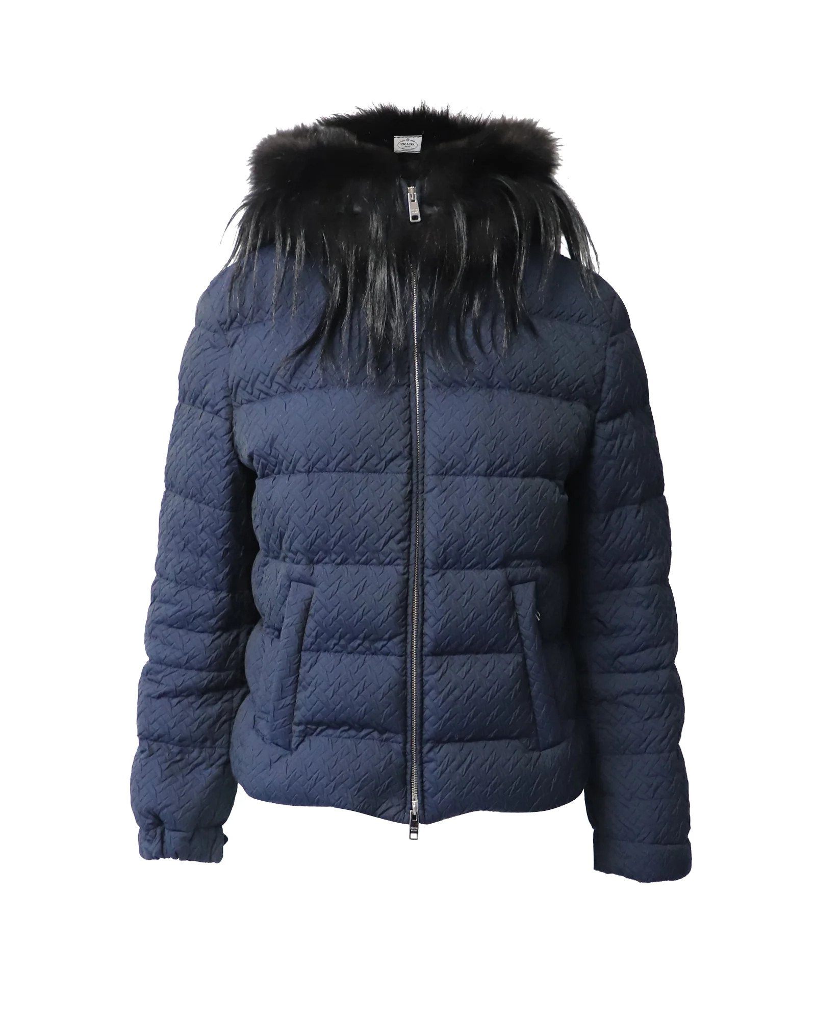 Prada Padded Jacket with Fur Collar in Navy Blue Polyester | Shop Simon