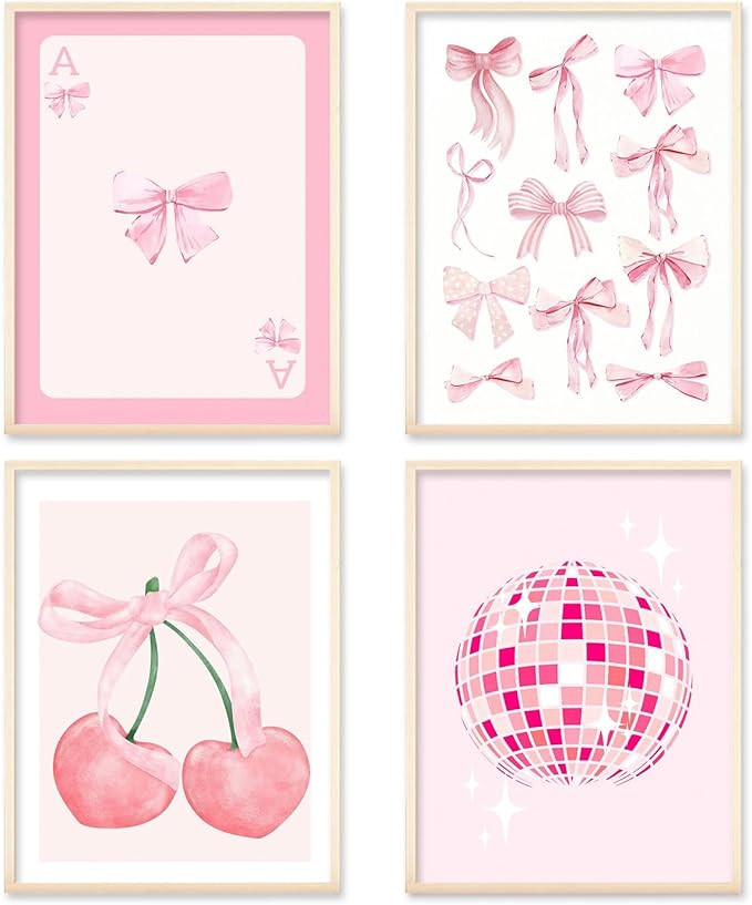 HNNXAR Coquette Trendy Preppy Poster Wall Art Set Of 4 Pink Cherry Bow Disco Ball Picture Canvas ... | Amazon (US)