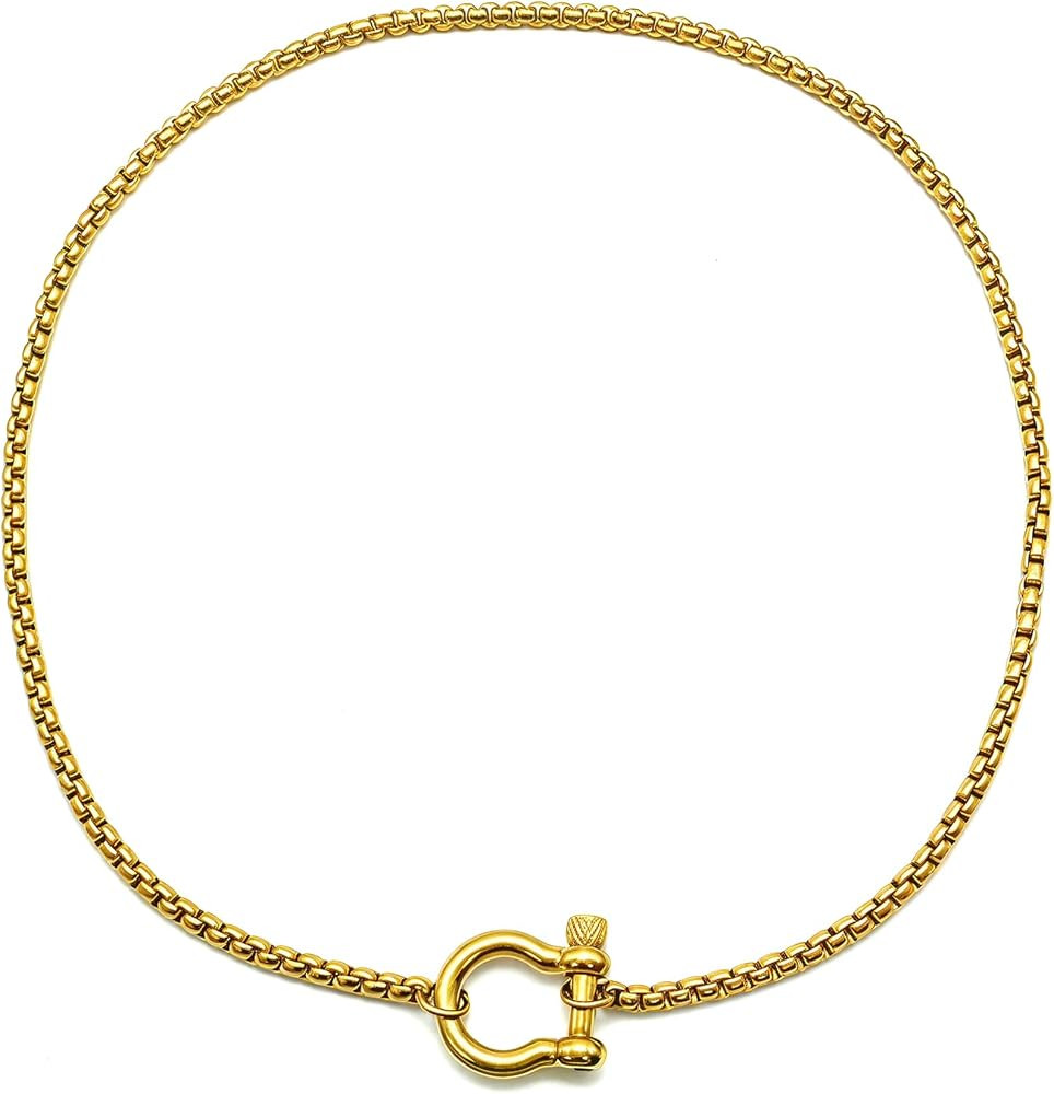 18K Gold Plated Buckle Necklace with Heavy Screw Anchor Shackle Wheat Chain Two Tone Carabiner 17.7 Inch Stainless Steel Foxtail Chain | Amazon (US)