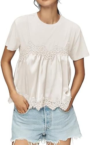 Lace Tops for Women Crew Neck Short Sleeve Blouse Ruffled Flowy Hem T-Shirts 2 in 1 Tank Blouse S... | Amazon (US)