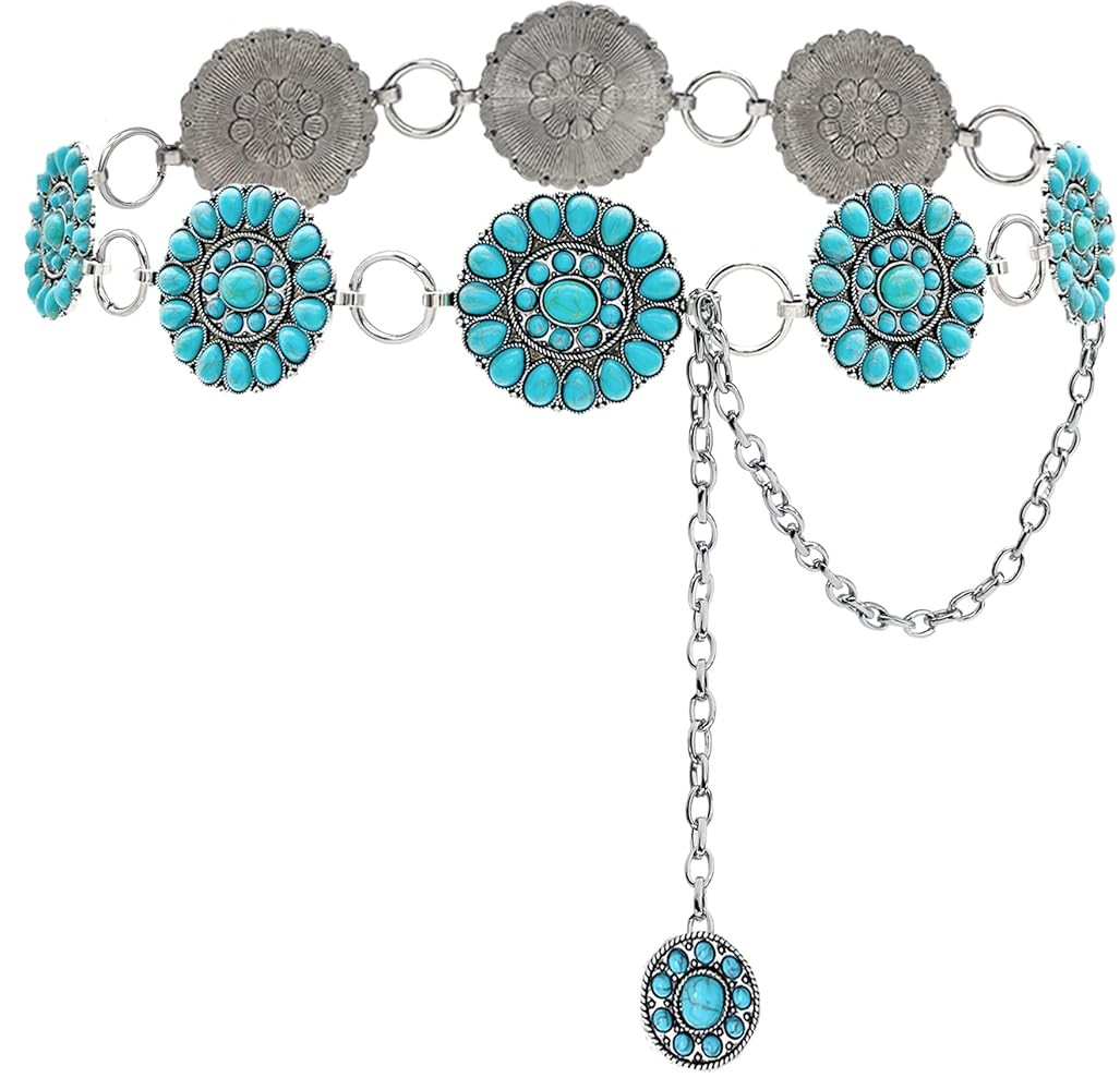 Boho Turquoise Concho Belt Silver Metal Western Turquoise Belts Waist Chain Belt for Women Dress | Amazon (US)