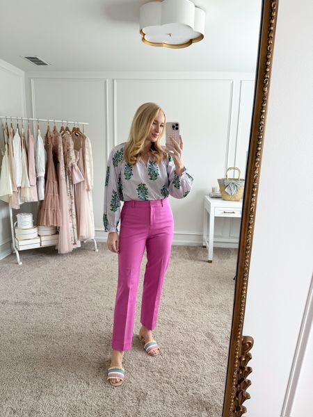 Loving all the colors in this outfit! Would be a great workwear option! Wearing size small in the top and size 4 in the pants. Spring outfits // workwear // work outfits // casual outfits // J.Crew Factory // work pants 

#LTKstyletip #LTKworkwear #LTKSeasonal