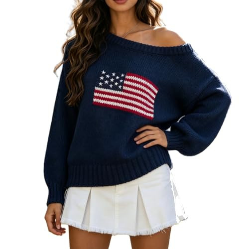 Mxiqqpltky Off the Shoulder American Flag Sweater for Women Long Sleeve USA Sweatshirt Knit Sweater 4th of July Outfits(Navy Blue,Small) | Amazon (US)
