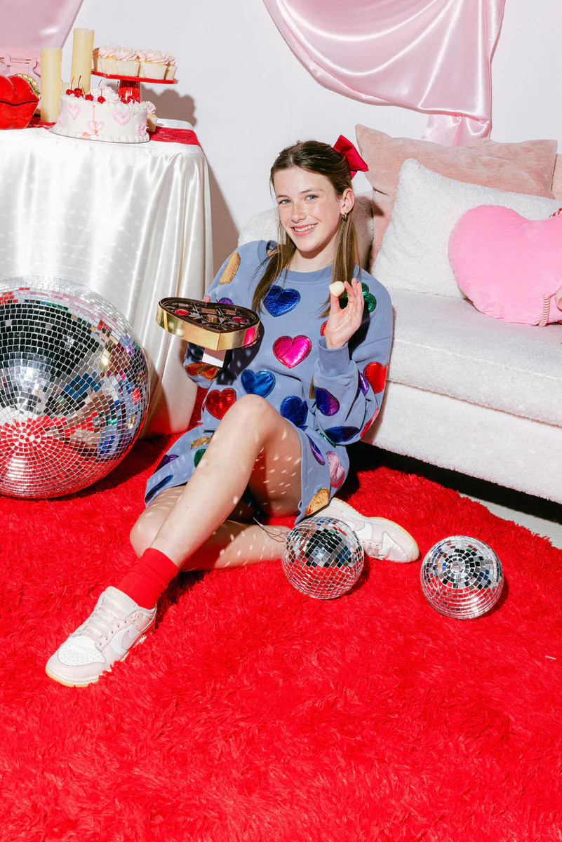 Kids Dusty Blue Rainbow Foil Heart Sweatshirt | Queen of Sparkles