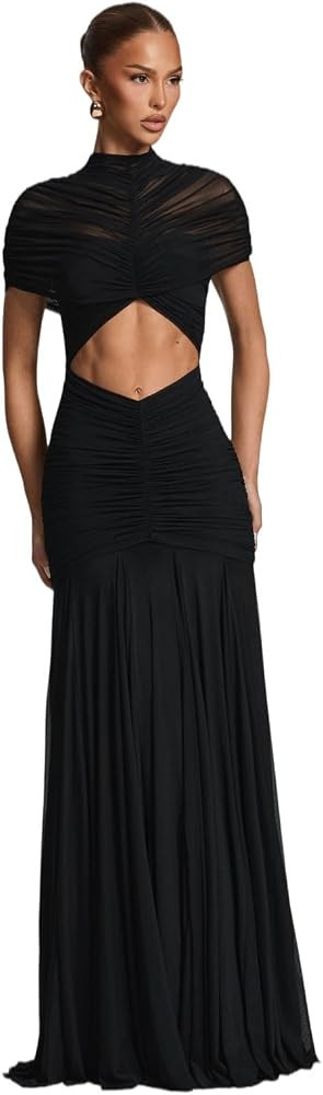 Women's Elegant Formal Long Dress Mock Neck Short Sleeve Casual Soft Summer Ruched Bodycon Patchw... | Amazon (US)