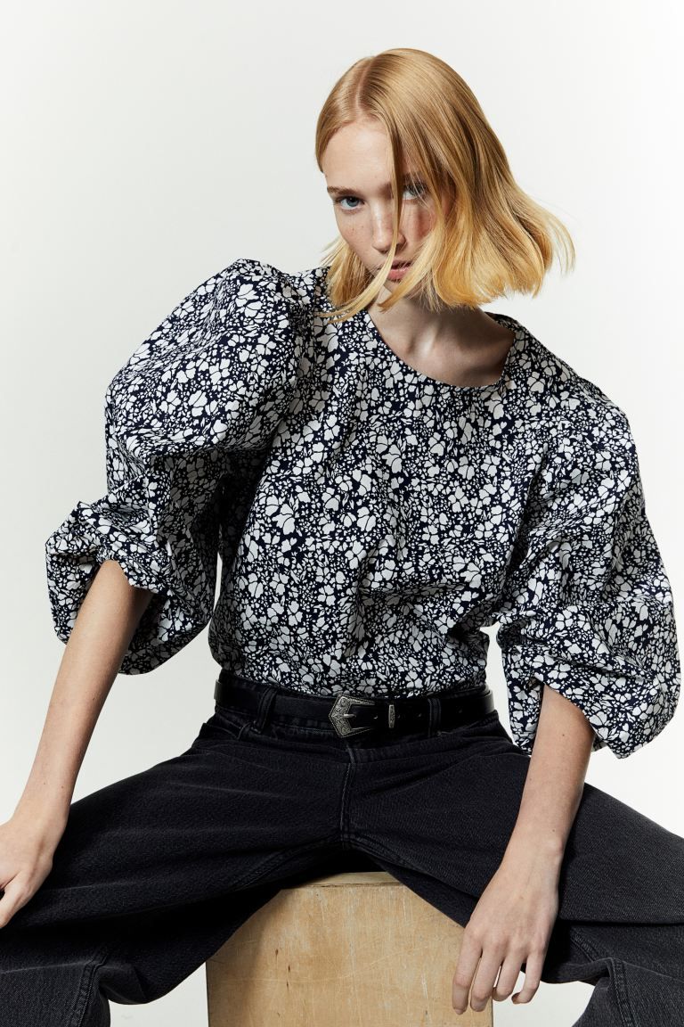 Katoenen blouse met dessin - Marineblauw/dessin - DAMES | H&M NL | H&M (DE, AT, CH, NL, FI)
