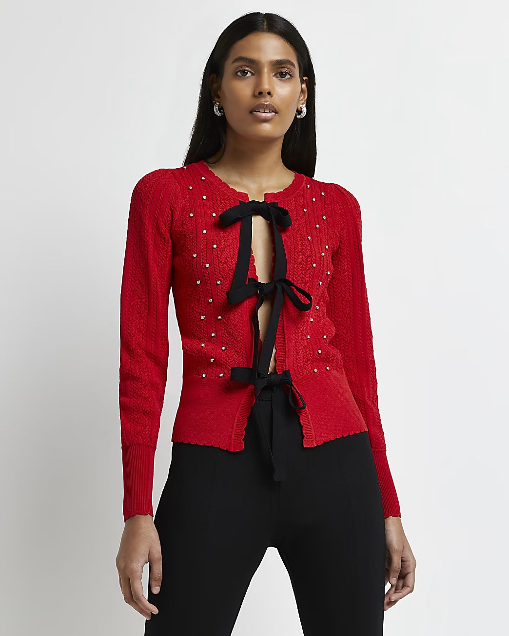 Red bow front embellished cardigan | River Island (UK & IE)