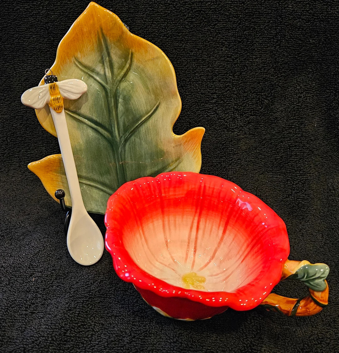 Corner Ruby CR Teacup Botanical Collection, Red With Orange Vine Handle and Bee Spoon. Gorgeous -... | Etsy (US)