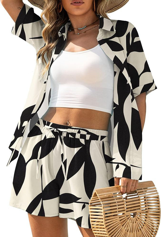 LIENRIDY Beach Outfits for Women Vacation 2 Piece Set Short Sleeve Shirt and Shorts Tropical Summ... | Amazon (US)