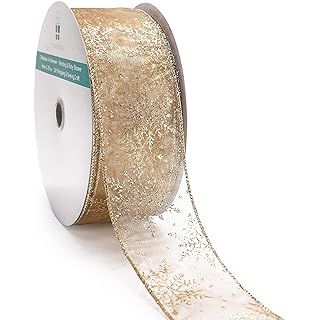 Morex Ribbon 7405.60/50-004 Snowflake 2.5" X 50 YD Nylon Sheer Wired Glitter Ribbon, Ivory/Gold, ... | Amazon (US)