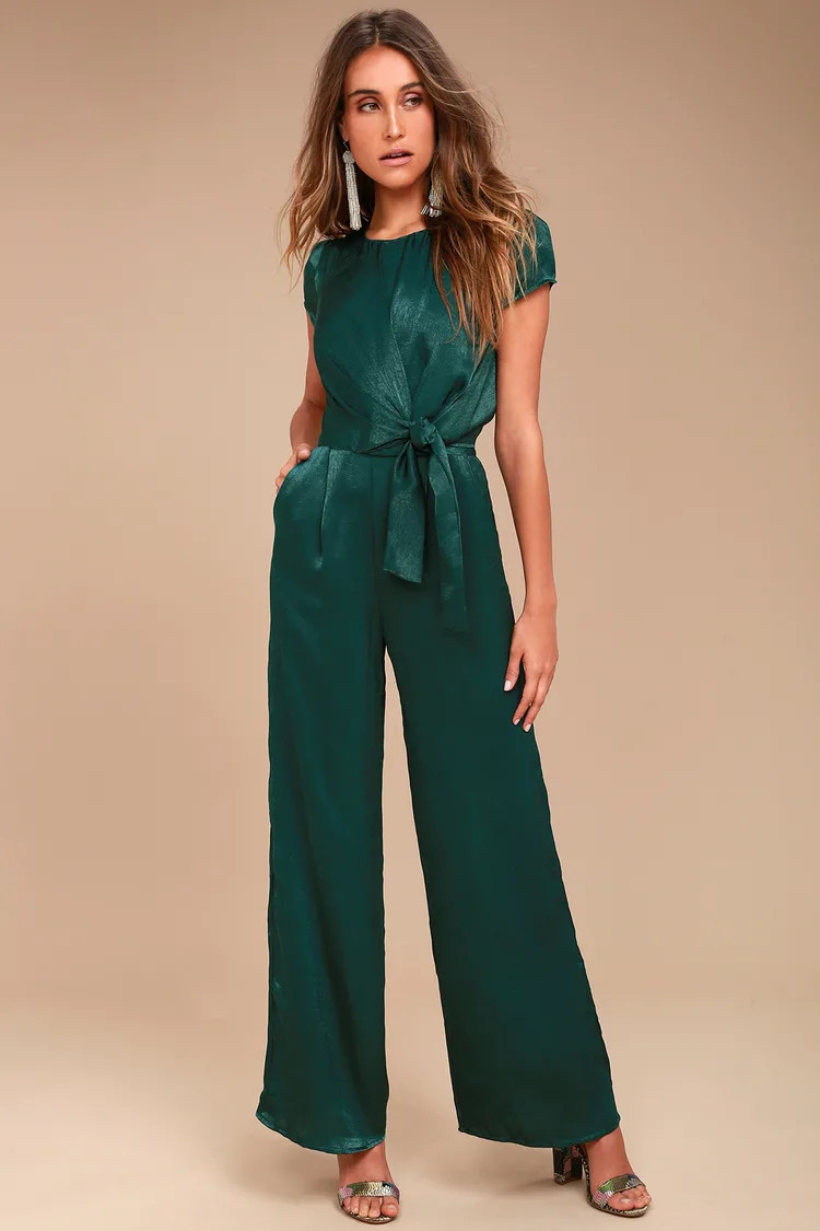 Green Satin Jumpsuit | christmas outfit women womens christmas outfit christmas brunch outfit | Lulus (US)