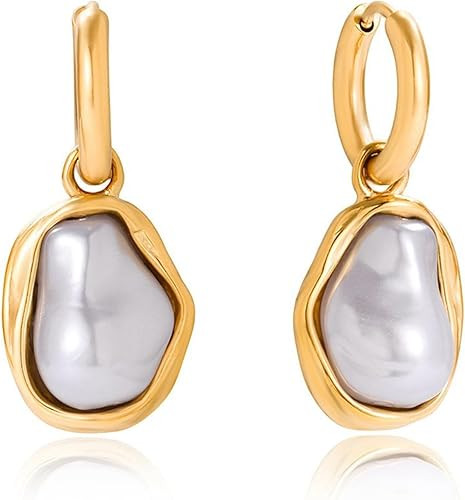 Chunky Gold Pearl Earrings For Women Big Baroque Pearl Earrings Unique Square Earrings Trendy Jew... | Amazon (US)
