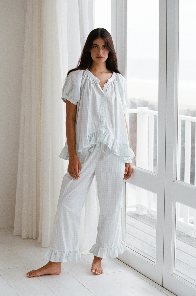 Sophie Sleep Set - Pants - Cotton - Gingham Pale Blue | Piyama