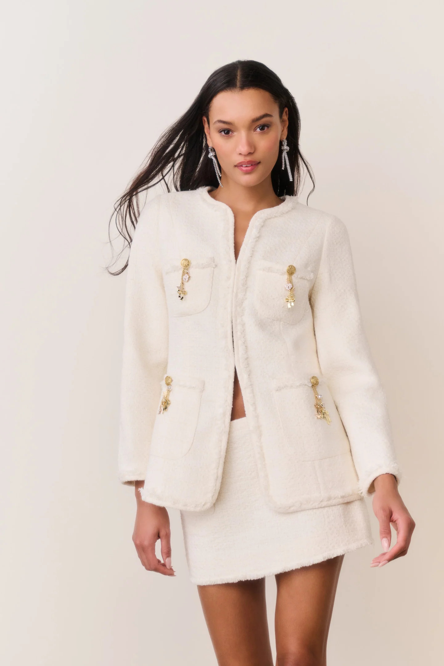 Adrina Tweed Embellished Jacket - CREAM / 4 | LoveShackFancy