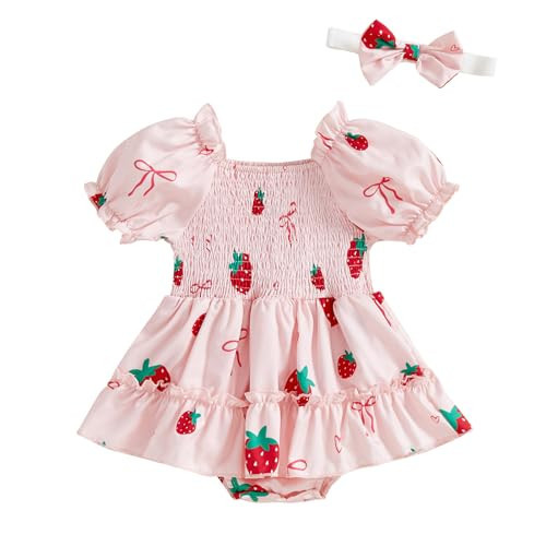 Baby Girl Outfit Short Sleeve Square Neck Smocked Strawberry Bow Print Bubble Romper Dress Newborn Girls Clothes Summer (Pink, 0-3 Months) | Amazon (US)