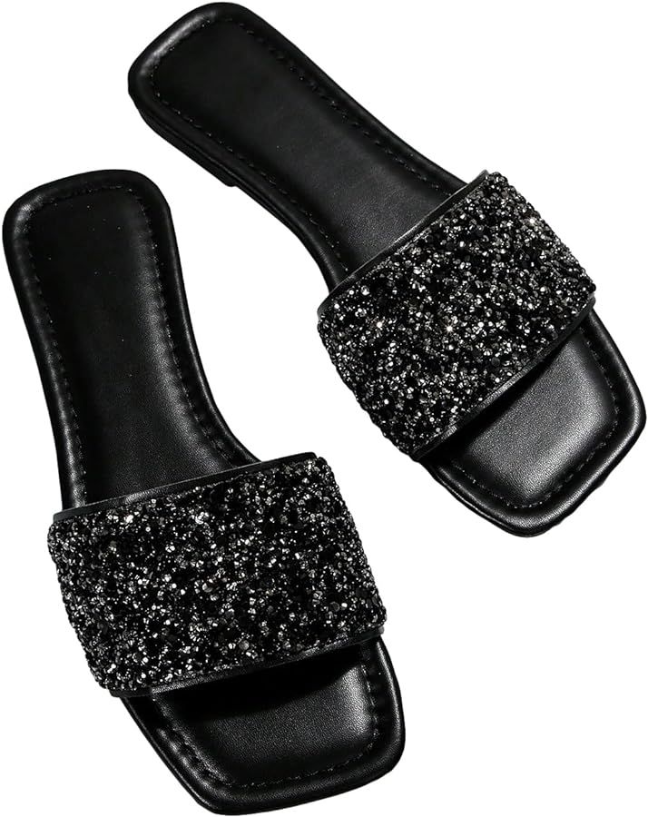 Verdusa Women's Rhinestone Sandals Glitter Casual Sandal Flats Open Toe Sparkle Slides | Amazon (US)