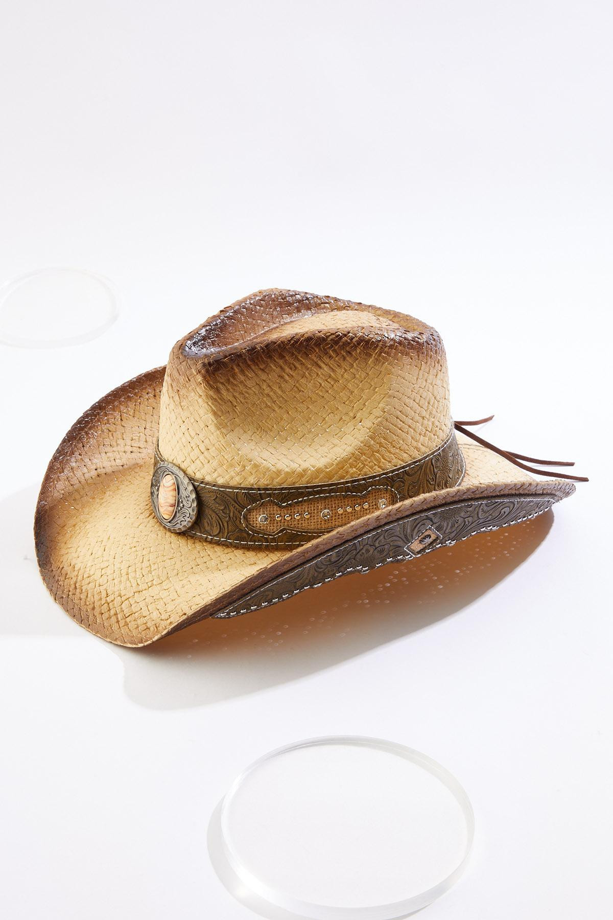 Burnished Straw Faux Leather Trim Cowboy Hat - Brown | Cato Fashions