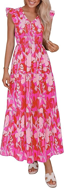 PRETTYGARDEN Women's Boho Floral Maxi Dress 2026 Summer Smocked V Neck Ruffle Sleeve Spring Flowy... | Amazon (US)