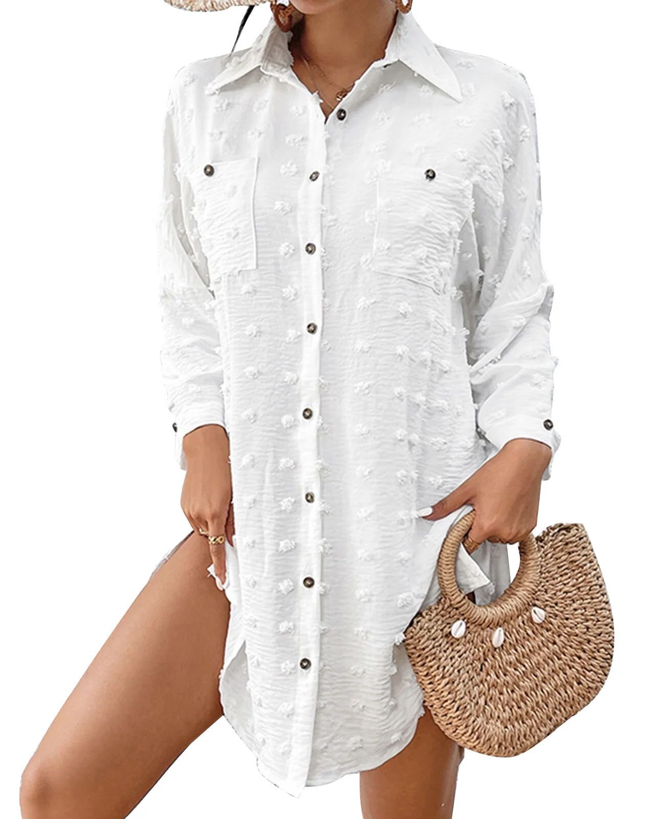 Women's Plus Shirt Coverup with Long Sleeves Button Down Swimsuit Cover Up Swiss Dot Stitching Sw... | Walmart (US)