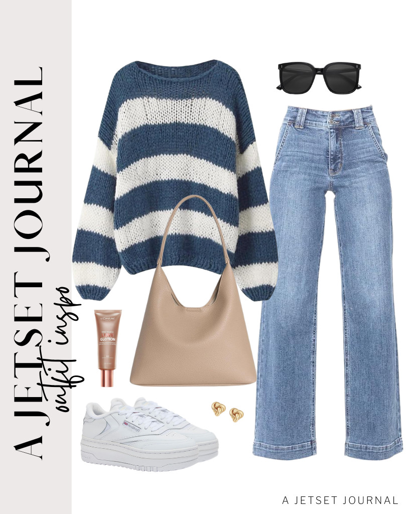 A striped sweater pairs perfectly with these light-wash denim pants. You can complete the outfit with a pair of Reebok platform sneakers and carry a soft vegan leather bag. Looking for a natural glow enhancer? I recently discovered L’Oreal Paris Lumi Glotion, and I absolutely love it! 

 #LTKSeasonal #LTKSaleAlert #LTKTravel
