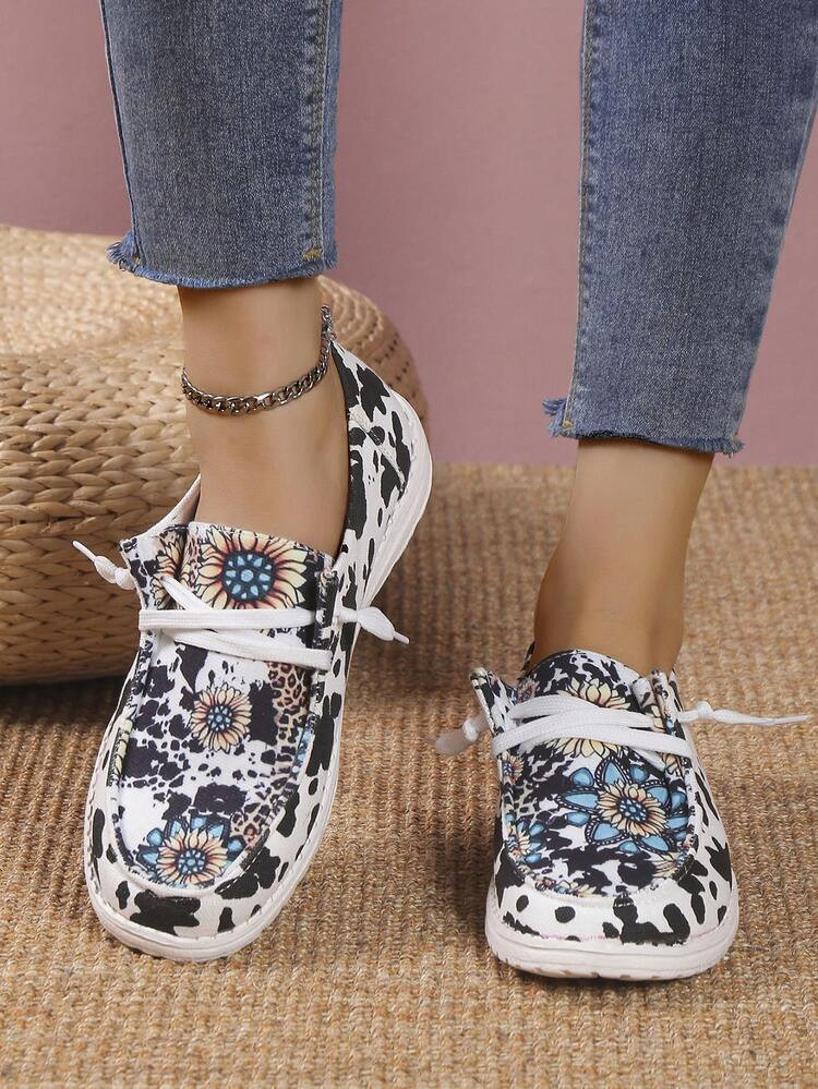 Women Floral Pattern Lace-up Front Casual Shoes, Sporty Outdoor Polyester Shoes | SHEIN