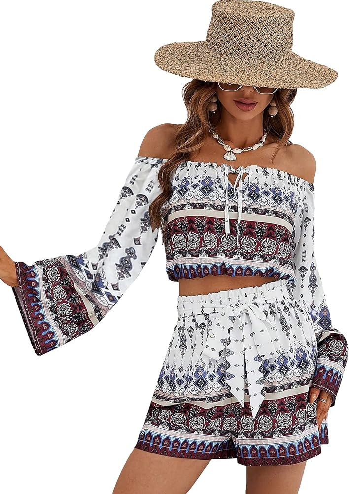 Verdusa Women's 2 Piece Off Shoulder Crop Blouse Top with Shorts Casual Outfits | Amazon (US)