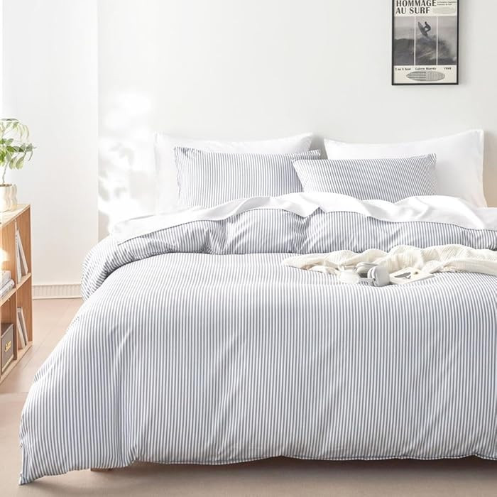 Wake In Cloud - Striped Comforter Set, Ticking Stripe Vertical Pinstripe Neutral Farmhouse Patter... | Amazon (US)