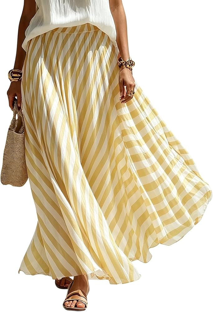Striped Long Skirts for Women Pleated Flowy Chiffon Fall Fit | Amazon (US)