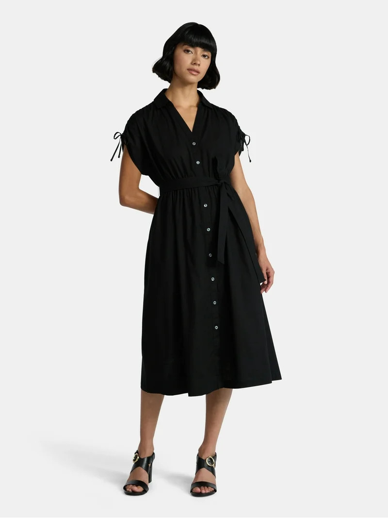 Time and Tru Women's Tie Front Button Down Shirt Dress, Sizes XS-XXXL | Walmart (US)