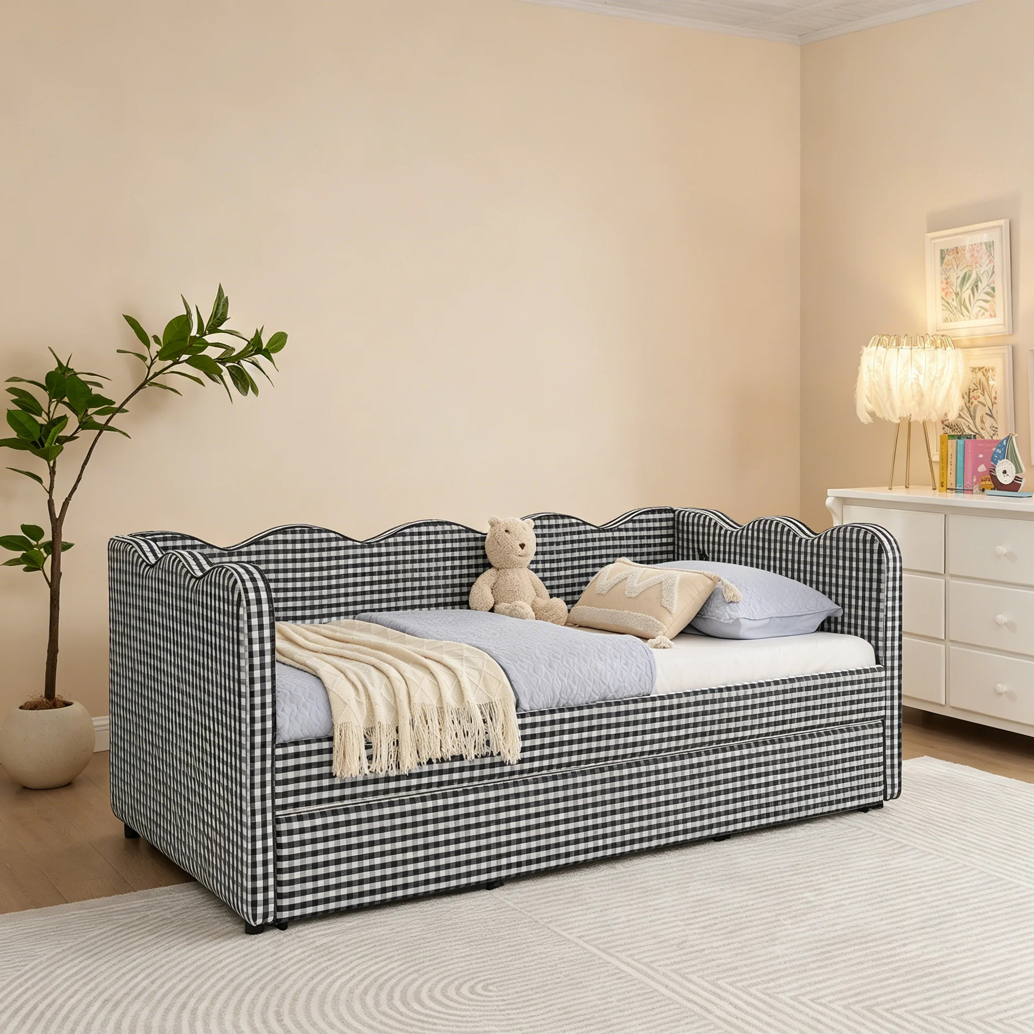 Cozy Gingham Daybed With Trundle Twin Size Sofa Bed No Box Spring Needed, With USB Port And Adorable Wave Shaped, Linen Fabric | Wayfair North America