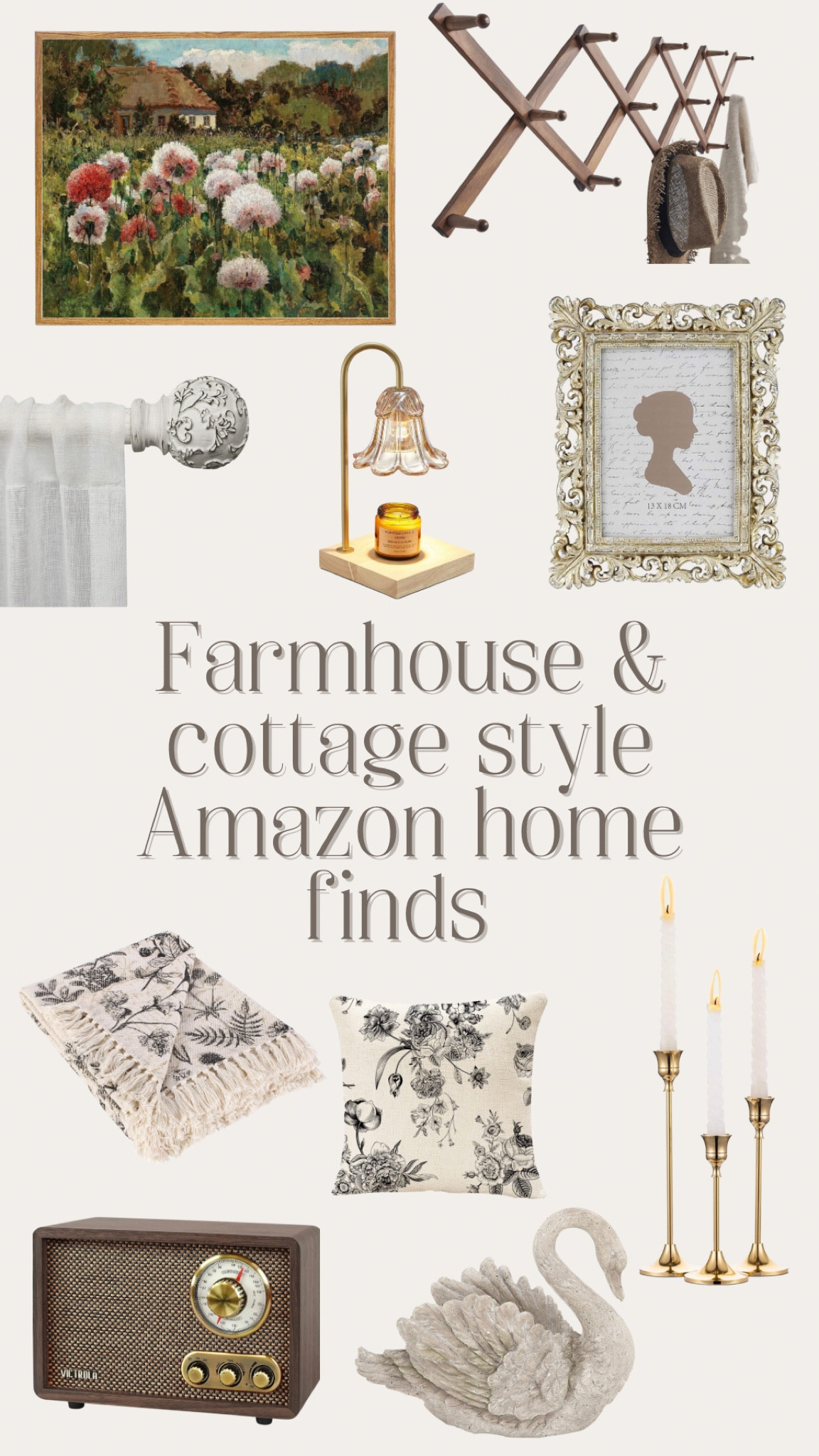 If you love European farmhouse design of cozy cottage style decor you will need these Amazon home finds! The gold candlestick holders and antique style picture frame, black & white floral throw pillow and matching decorative throw blanket, antique/vintage style candle warmer & lamp, the floral antique art print for wall decor, the wood accordion style hanging rack, vintage style Bluetooth speaker & radio, and gorgeous swan sculpture that can also be used as a planter

#LTKfindsunder50 #LTKfindsunder100 #LTKhome