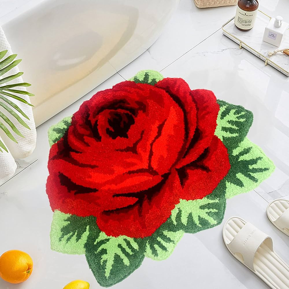 UKELER Red Rose Bath Rugs for Bathroom Non Slip Absorbent Kitchen Rug Shaggy Soft Flower Area Rug... | Amazon (US)