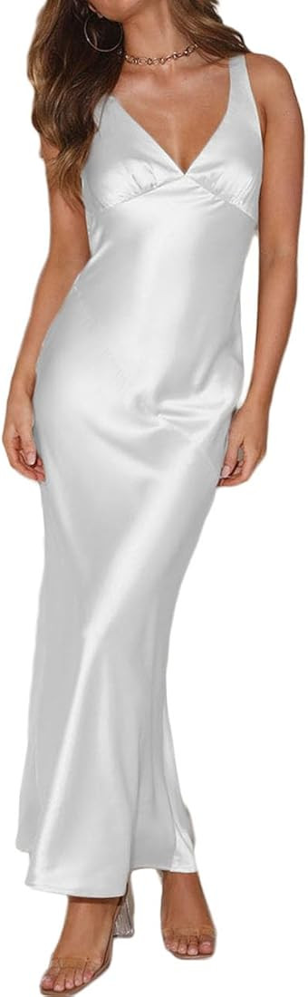 Womens Elegant Satin V Neck Backless Sleeveless Maxi Dress Silk Tie Low Back Formal Cocktail Dres... | Amazon (US)
