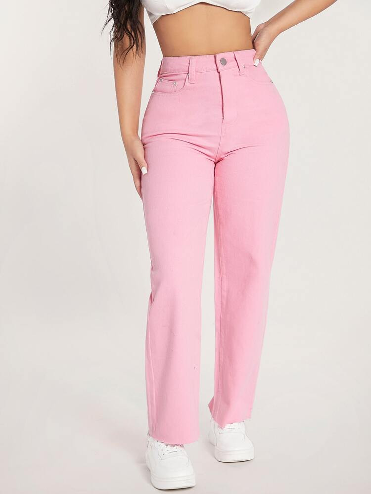 SHEIN PETITE Solid Raw Hem Jeans | SHEIN