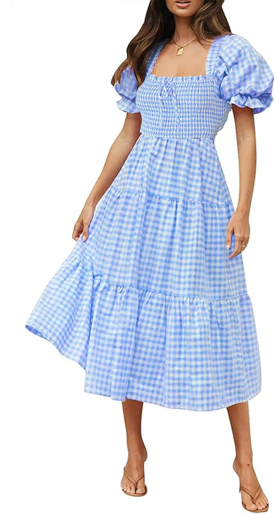 Beaufident Women's Boho Tie Back Dress Back Bow Summer Plaid Dress Elastic Square Neck Backless B... | Amazon (US)
