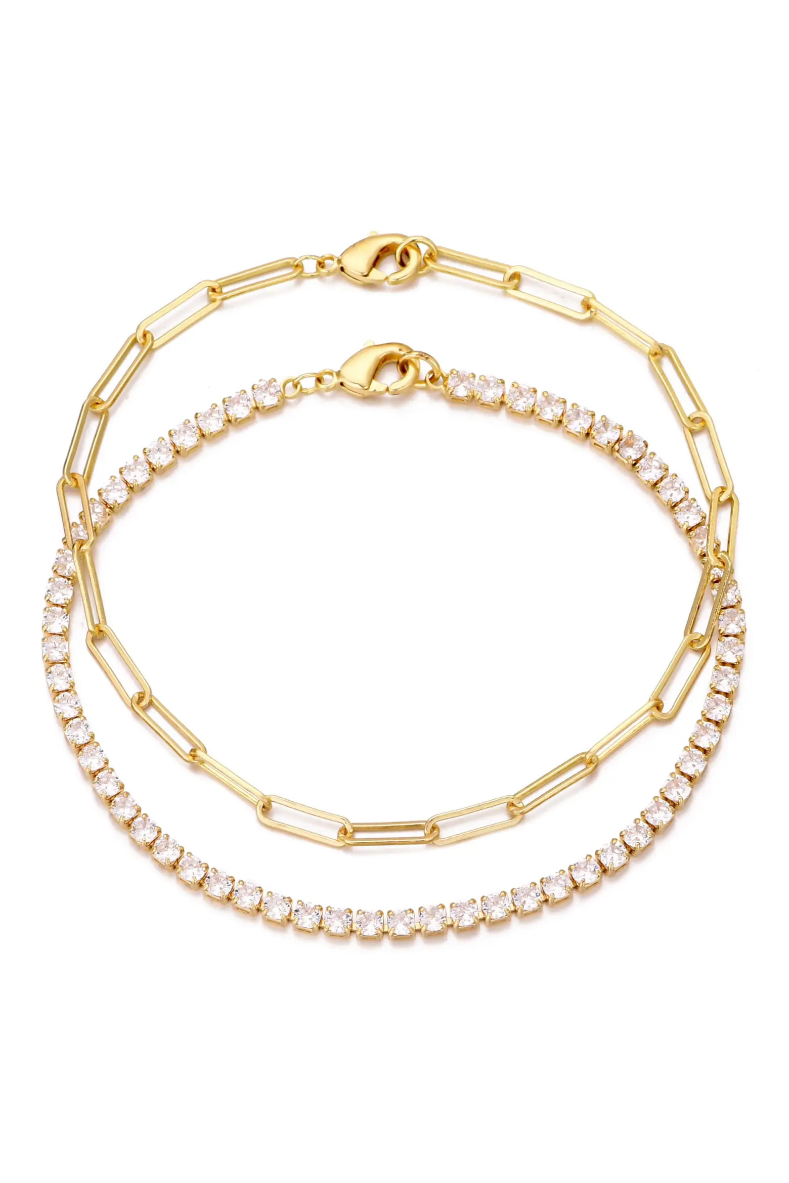 Adornia 14K Gold Plated Paper Clip Chain & Crystal Tennis Bracelet Set (Women) | Nordstromrack | Nordstrom Rack