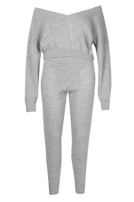 Plus Cropped V Neck Knitted Loungewear Set | Boohoo.com (US & CA)