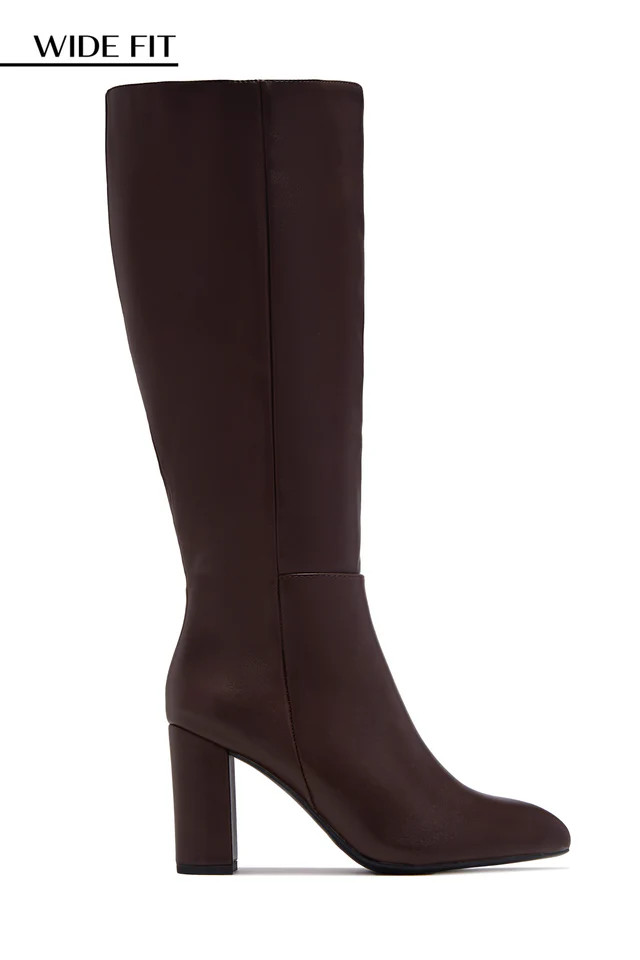 Miss Lola | Fine Time Brown Wide Fit Block Heel Knee High Boots | MISS LOLA