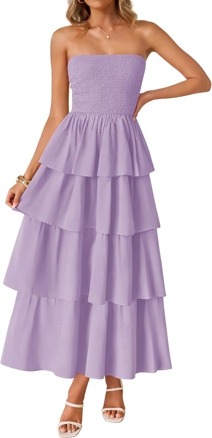 ZESICA Women‘s Summer Boho Strapless Maxi Dress 2026 Casual Sleeveless Off Shoulder Smocked Tie... | Amazon (US)