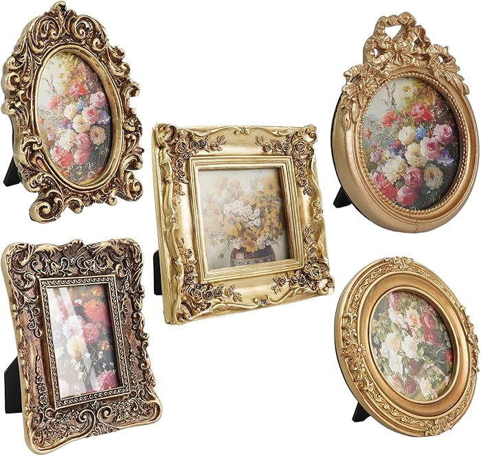 5 Pcs Small Vintage Picture Frame Oval Round Rectangle Antique Decor Wall Hanging Gold Ornate Pic... | Amazon (US)
